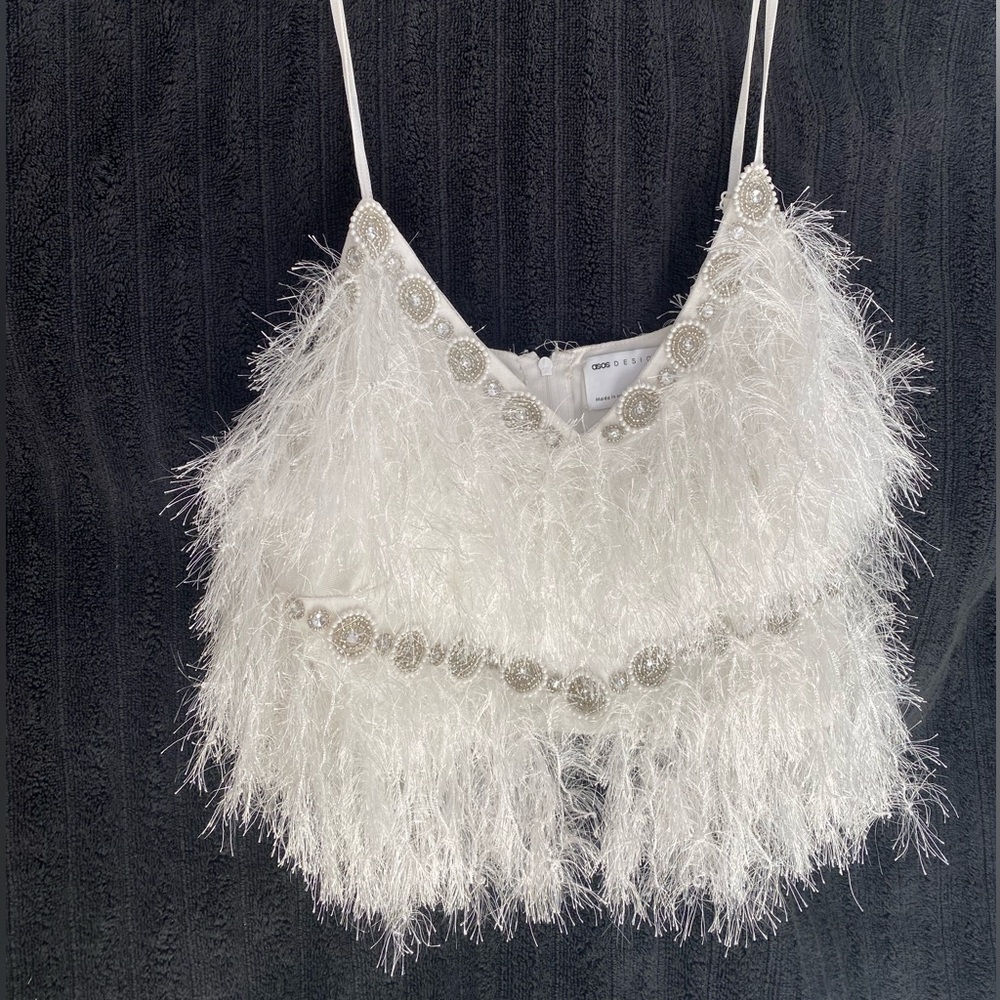 Embellished faux feather cropped tank top